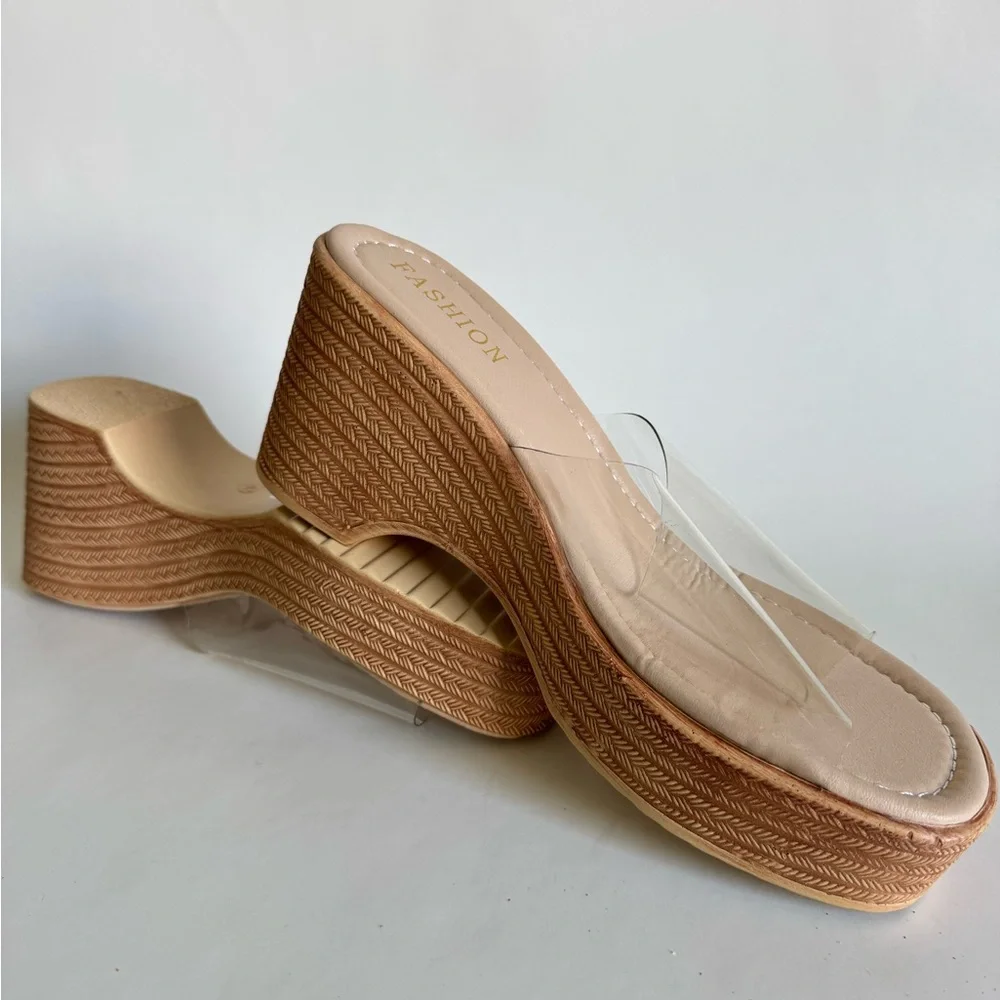 SL Fashions Tan Wedge Sandals with Clear Strap - Picture 2 of 2